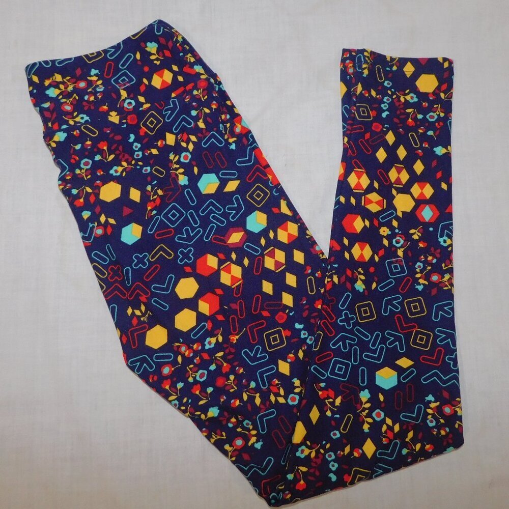 LuLaroe Blue Geometric Funky Floral Multicolor Womens Leggings OS size 2 -10